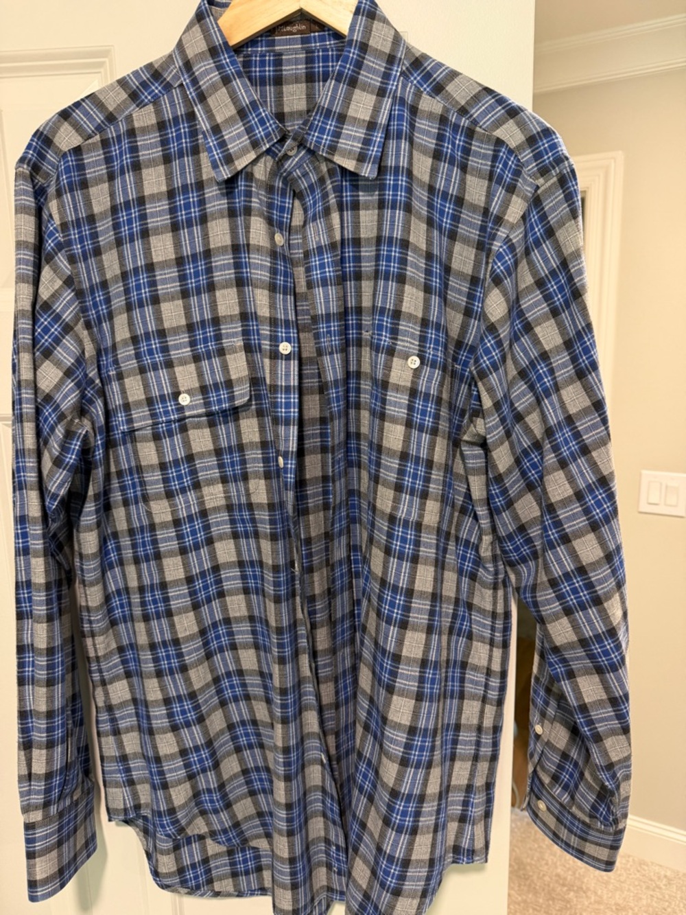 Men's Blue and Gray Plaid Button-Down Casual Shirt